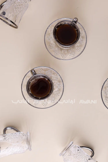Tea Glass & Saucer Set - Leaf Design - Sets  Clear - Matt Silver Color