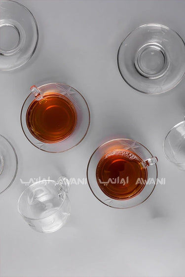 Elegant Clear Tea Glass & Saucer Set – Clear Trim & Impressed Leaf Design
