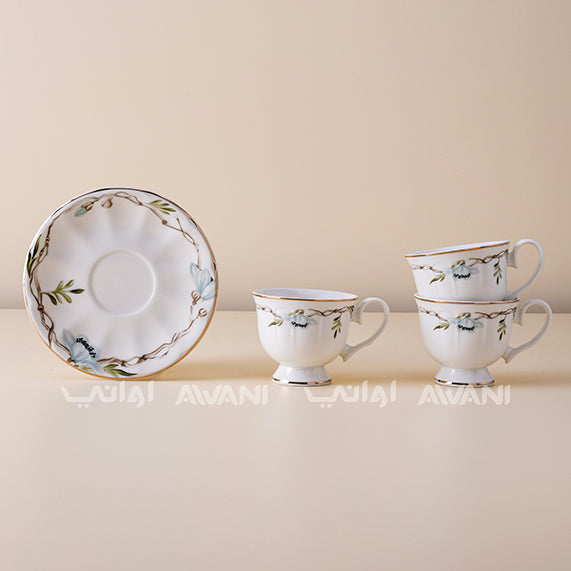 Set of ceramic cups and saucer with floral design on a beige background, featuring the brand 'LAIJI AVANI'.