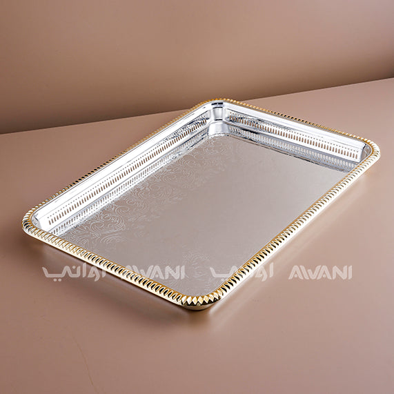 Designed Rectangle Silver and Edge Gold Tray ( L- 60 cm x W - 43 )