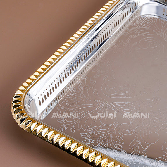 Designed Rectangle Silver and Edge Gold Tray ( L- 60 cm x W - 43 )