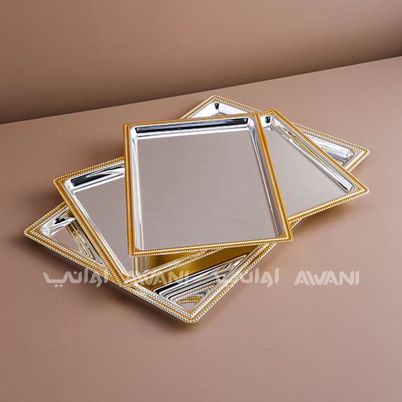 Set of 3 Rectangular Silver Trays with Gold Dot-Design Edges