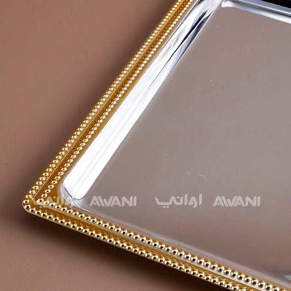 Set of 3 Rectangular Silver Trays with Gold Dot-Design Edges