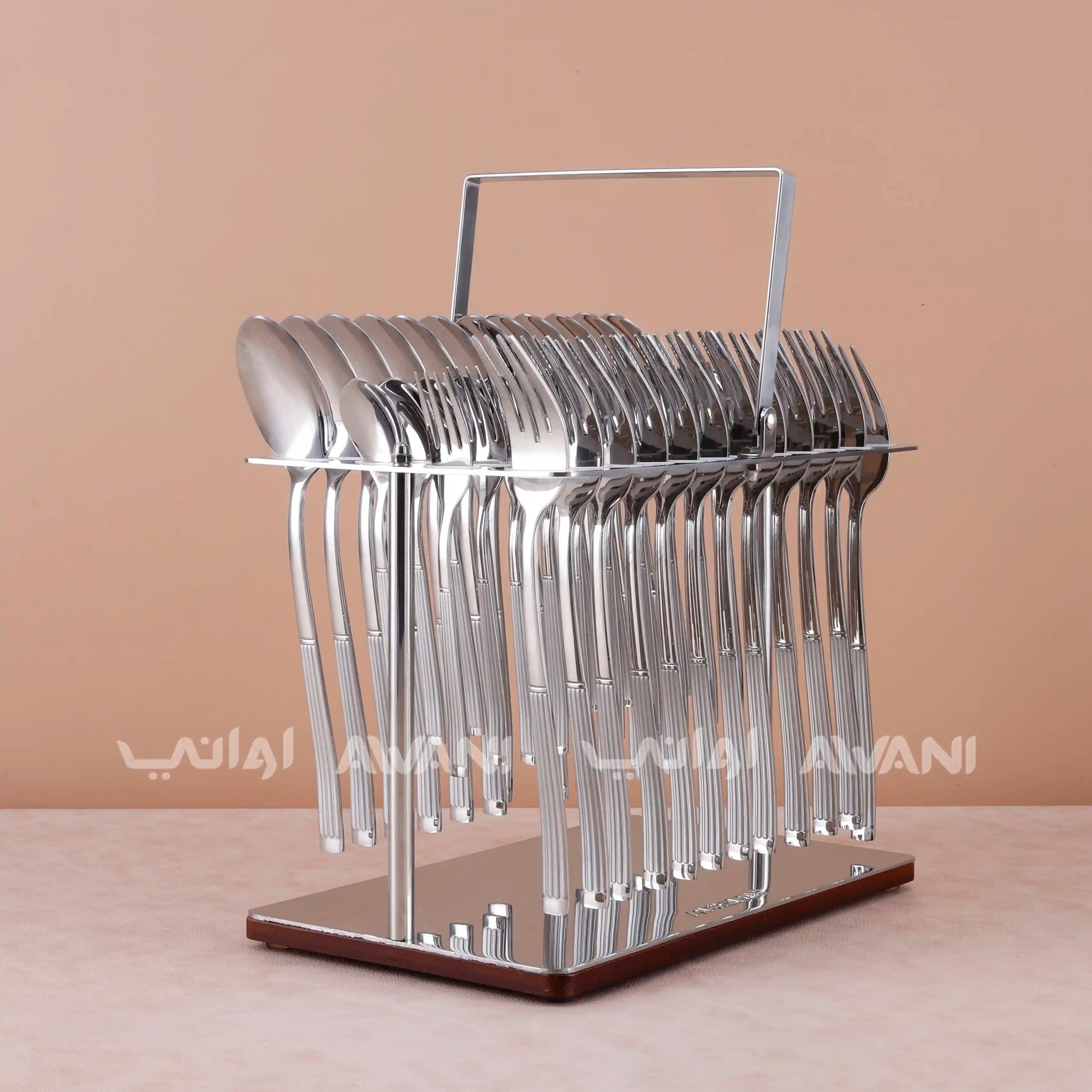 Sparkling Silver Cutlery Set with Charming Wooden Stand - 48 Pcs