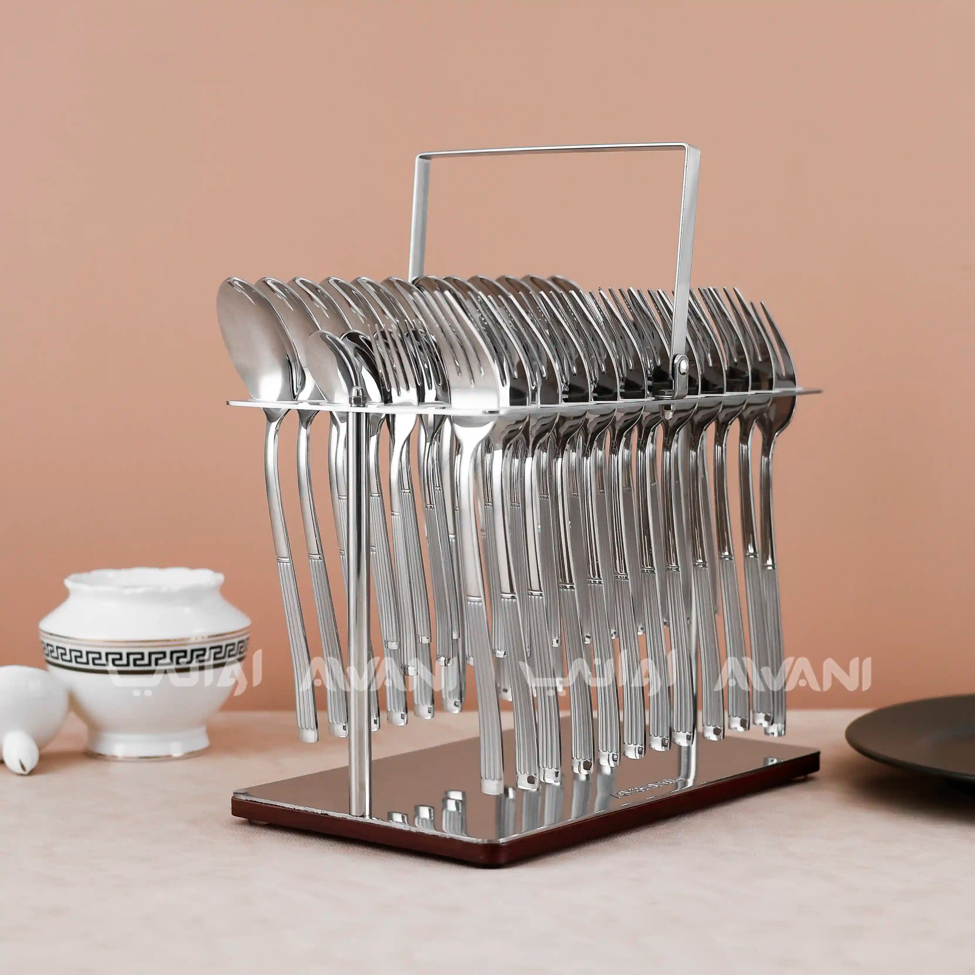 Sparkling Silver Cutlery Set with Charming Wooden Stand - 48 Pcs