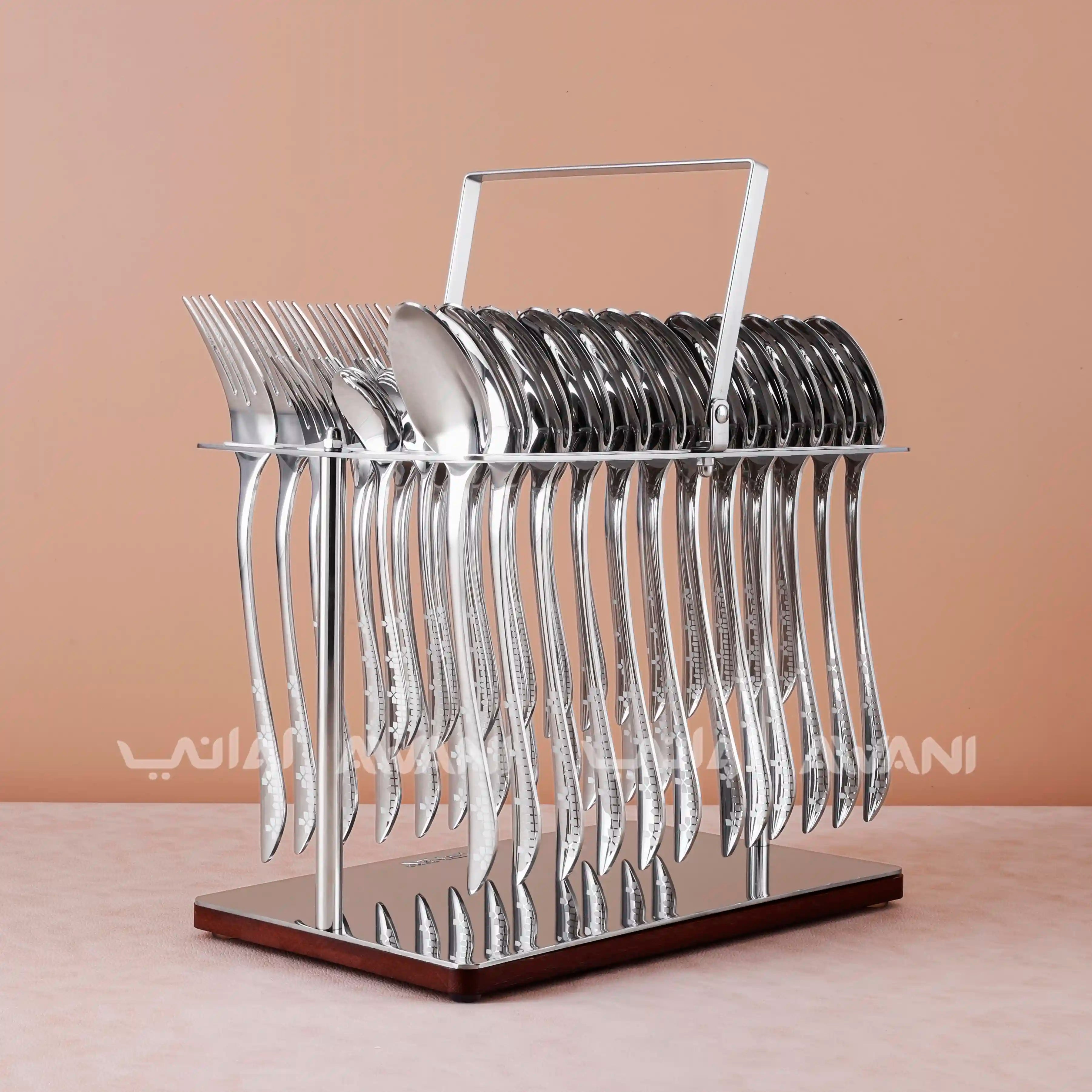 Sparkling Silver Cutlery Set with Charming Wooden Stand - 48 Pcs