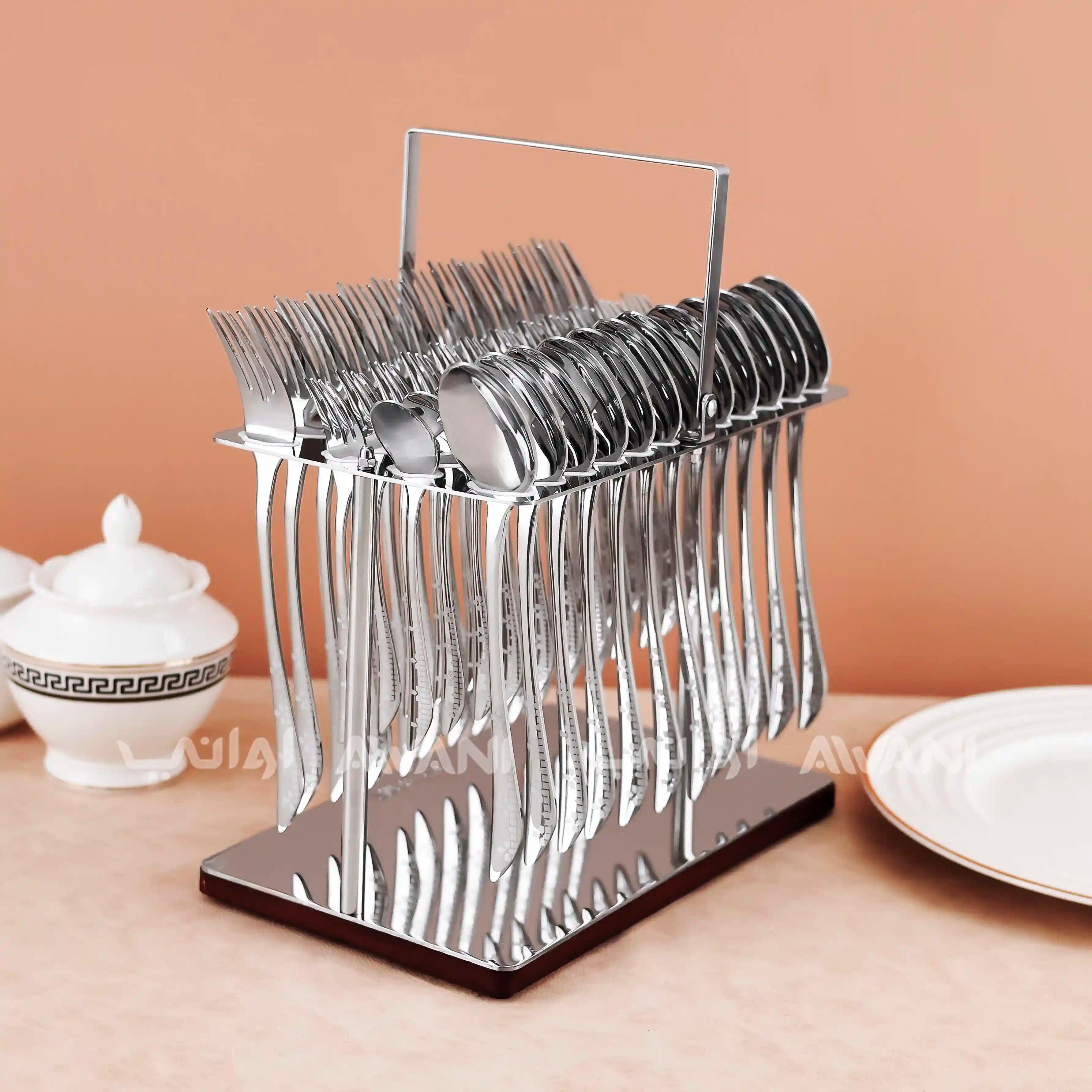 Sparkling Silver Cutlery Set with Charming Wooden Stand - 48 Pcs