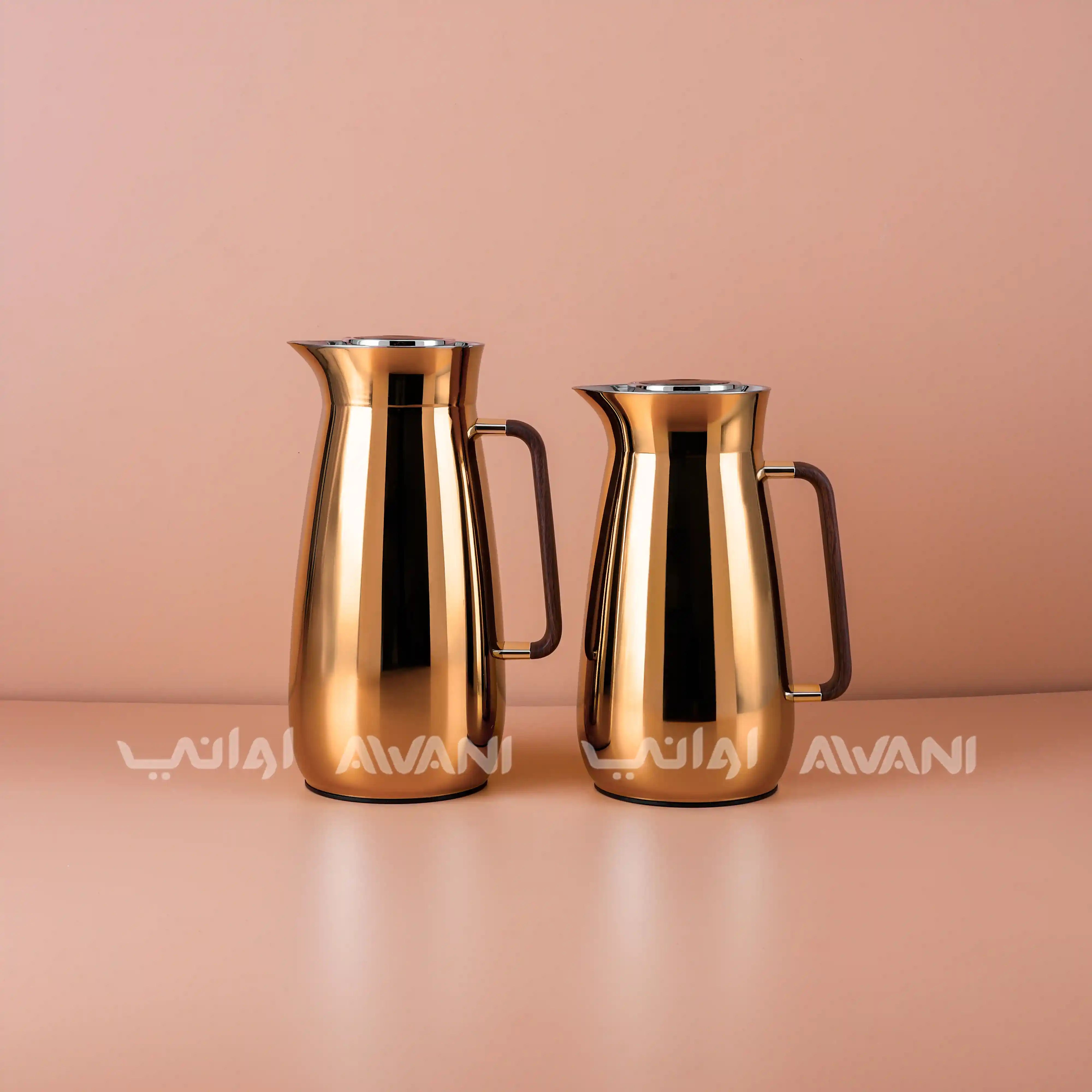 Luxury Gold Stainless Steel Vacuum Flask Set 1L & 0.8L | Insulated Thermal Jug for Hot & Cold Drinks | Wooden Handle