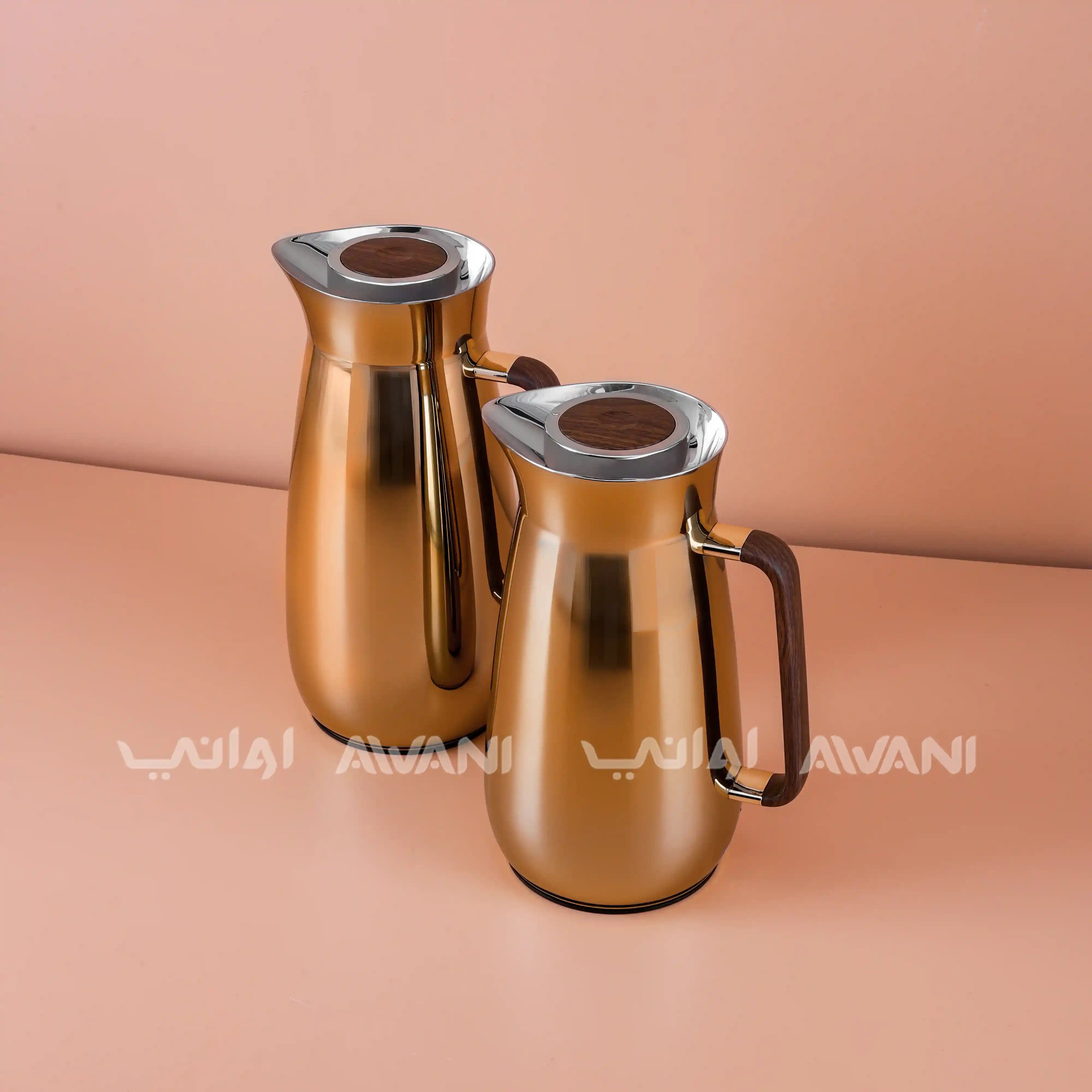 Luxury Gold Stainless Steel Vacuum Flask Set 1L & 0.8L | Insulated Thermal Jug for Hot & Cold Drinks | Wooden Handle
