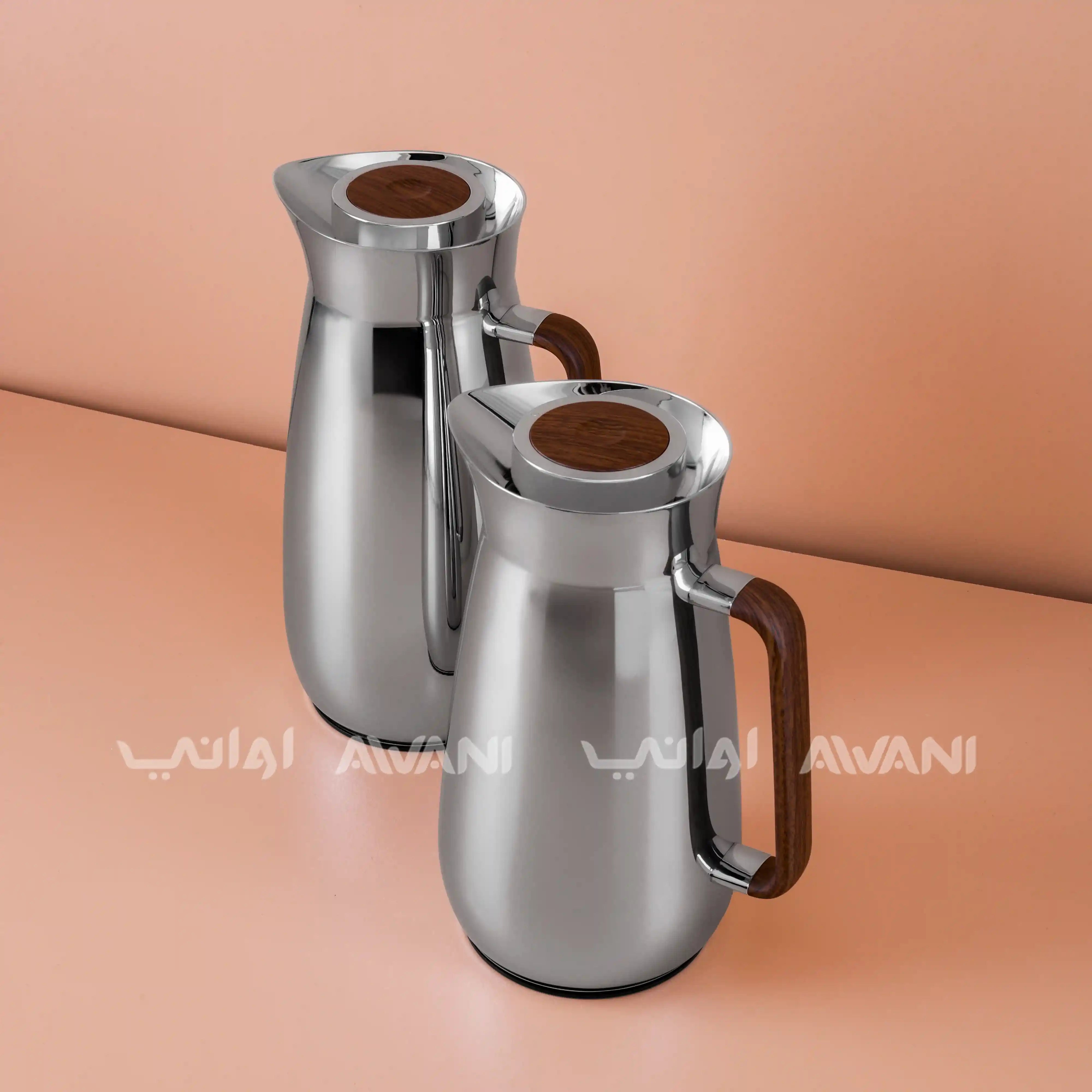 Luxury Silver and Wooden Handle Stainless Steel Vacuum Flask Set 1L & 0.8L | Insulated Thermal Jug for Hot & Cold Drinks