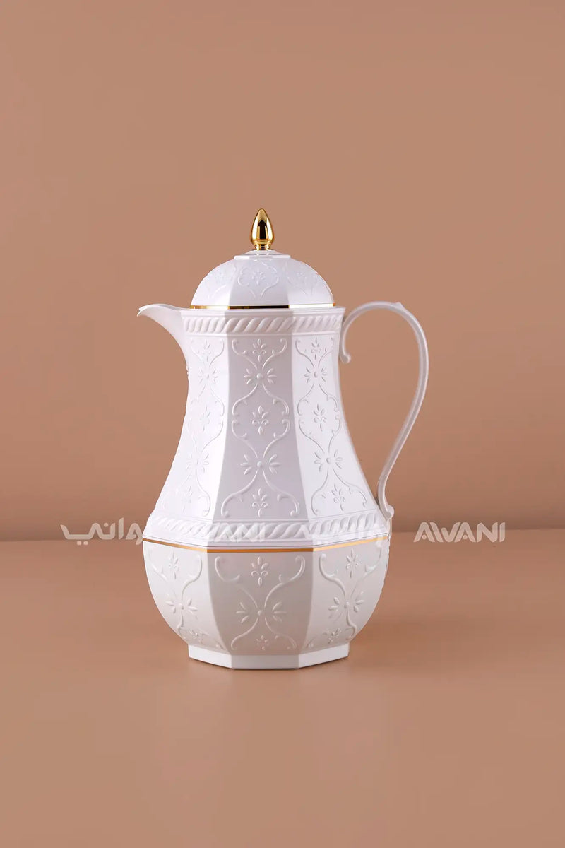1L White Octagonal Thermal Carafe – Elegant Insulated Coffee & Tea Dallah with Gold Accents