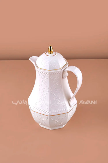 1L White Octagonal Thermal Carafe – Elegant Insulated  Tea Dallah with Gold Accents