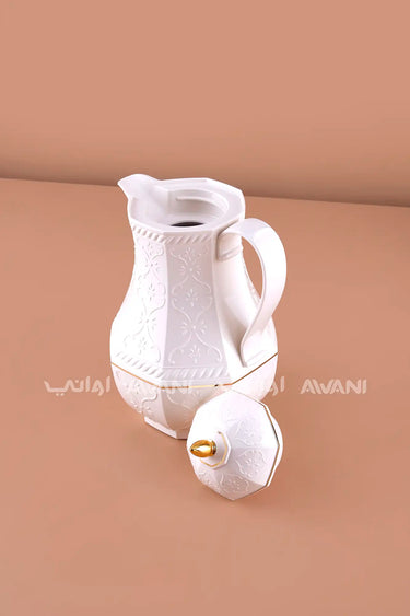 1L White Octagonal Thermal Carafe – Elegant Insulated  Tea Dallah with Gold Accents