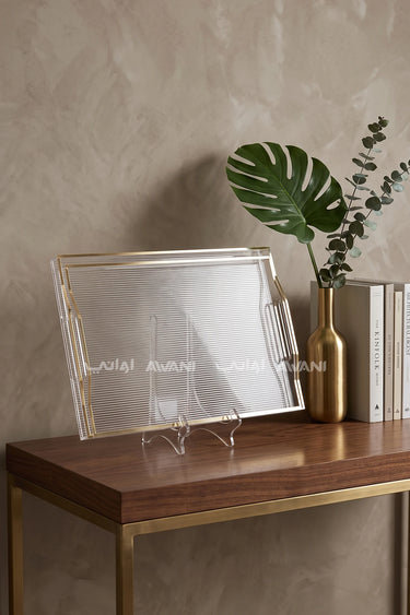 Clear Ribbed Acrylic Serving Tray with Gold Rim & Handles – 51  × 33.5 cm