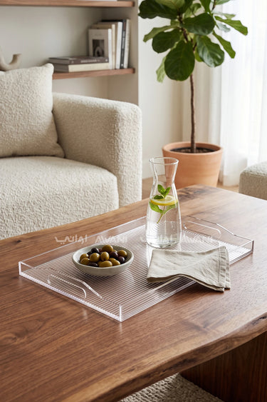 Clear Ribbed Acrylic Serving Tray Clear & Handles – 51 × 36 cm