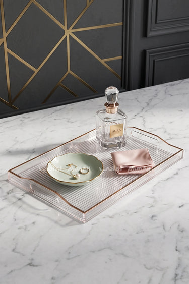 Clear Ribbed Acrylic Serving Tray with Gold Rim & Handles – 48.5 × 31 cm
